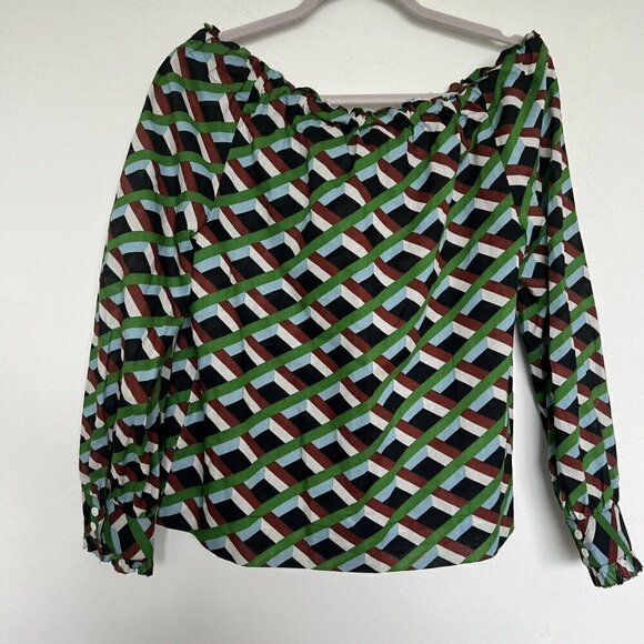 J CREW Off the shoulder blouse top SMALL green Blue Ratti graphic diamond NEW - Picture 7 of 10